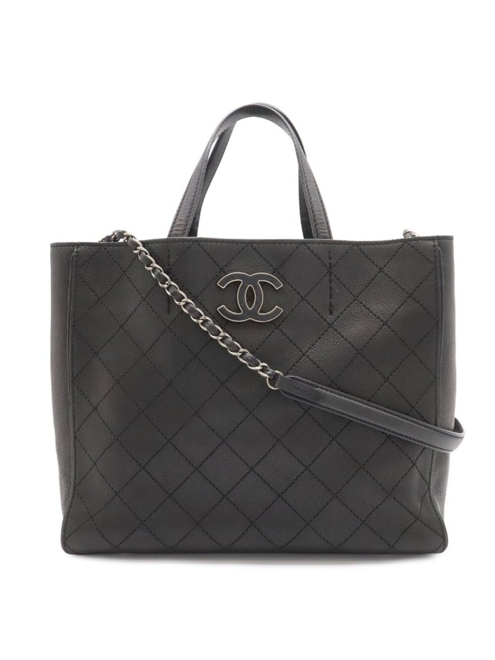 Chanel Quilted CC Logo Tote 2-Way Chain Shoulder Bag Caviar Leather Black